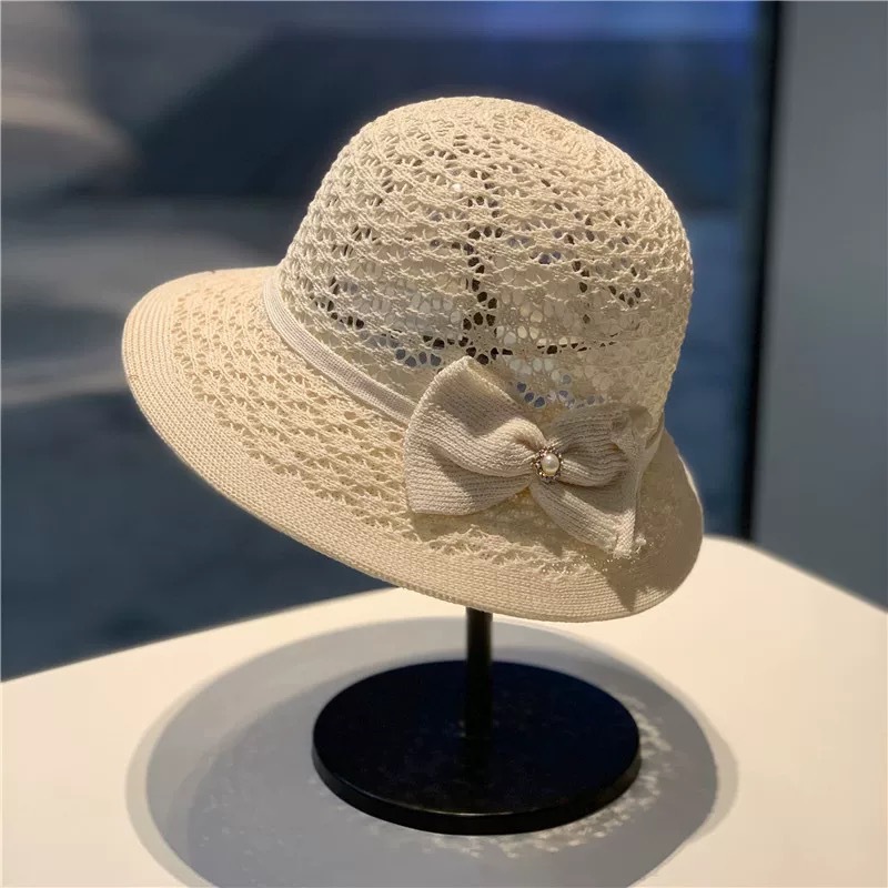 Womens Wide Brim Straw Sun Hat with Lace Bow Detail